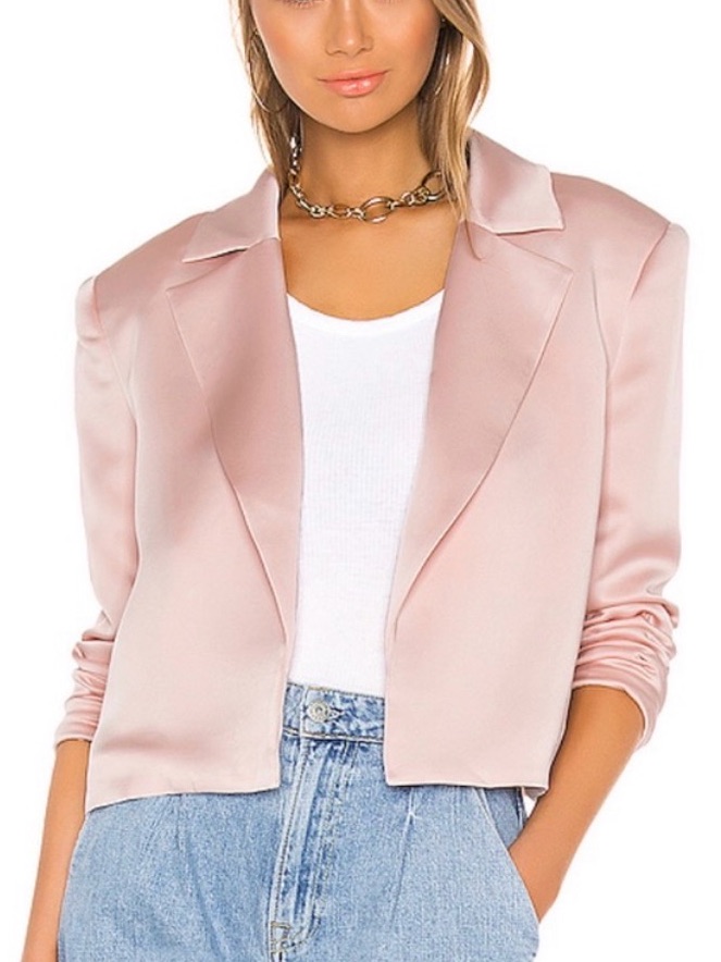 Grlfrnd Satin Cropped Blazer Jacket In Blush Pink Size Medium